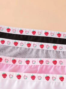 SHEIN 4件組女童幼兒少女多色粉色灰色白色黑色簡約可愛甜美基礎款草莓印花三角內褲 - 彩色 - 查看 7