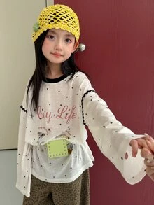 Dazy Kids Tween Girl Letter & Polka Dot Print Drop Shoulder Long Sleeve Casual T-Shirt - White - View 5