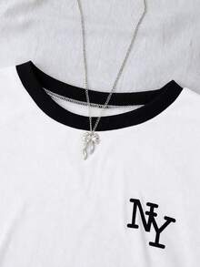 SHEIN 青少年女孩休閒T恤 拼色設計搭配紐約印花圖案 日常穿著 - 白色 - 查看 3