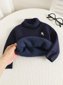 SHEIN 男女嬰兒/幼兒秋冬保暖加厚杏色高領毛衣，嬰兒毛衣，抓絨加厚 - 杏色 - 查看 3