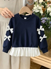 Fashionable Embroidered Ruffle Hem Printed Sweatshirt, Girls White Bow Decor Top, Autumn Baby Lace Ruffle Long Sleeve Sweet Children's Sweatshirt, Autumn/Winter Style - Navy Blue - View 1