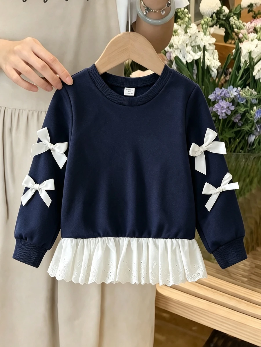 Fashionable Embroidered Ruffle Hem Printed Sweatshirt, Girls White Bow Decor Top, Autumn Baby Lace Ruffle Long Sleeve Sweet Children's Sweatshirt, Autumn/Winter Style - Navy Blue - View 1