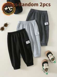 SHEIN 2pcs/Pack Celana Olahraga Bayi Laki-laki dengan Kantong Kargo dan Manset, Bahan Fleece Tebal, Celana Olahraga Musim Dingin - Grey - View 3