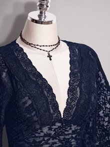 SHEIN ICON 大尺碼 Y2K 哥德風 優雅性感 V 領蕾絲拼接喇叭袖上衣 黑色 夏季 早午餐晚餐穿搭 - 藏蓝色 - 查看 5
