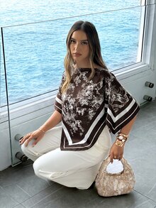 Aloruh 女款春夏圓領圍巾上衣，適合度假、約會、海灘、海邊，米色浪漫風夏季上衣 - 咖啡棕 - 查看 6