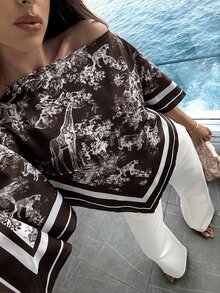 Aloruh 女款春夏圓領圍巾上衣，適合度假、約會、海灘、海邊，米色浪漫風夏季上衣 - 咖啡棕 - 查看 3