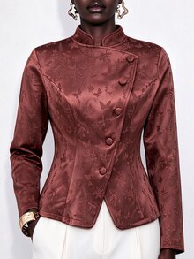 SHEIN Women's Dark Jacquard Stand Collar Asymmetric Front Waist-Cinching Ruffle Hem Long Sleeve Short Jacket - Brown - View 5