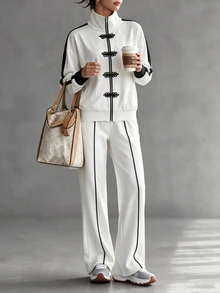 LUMIGAL Women's Colorblock Long Sleeve Jacket And Pants Casual Daily 2 Pieces Set - White - View 3