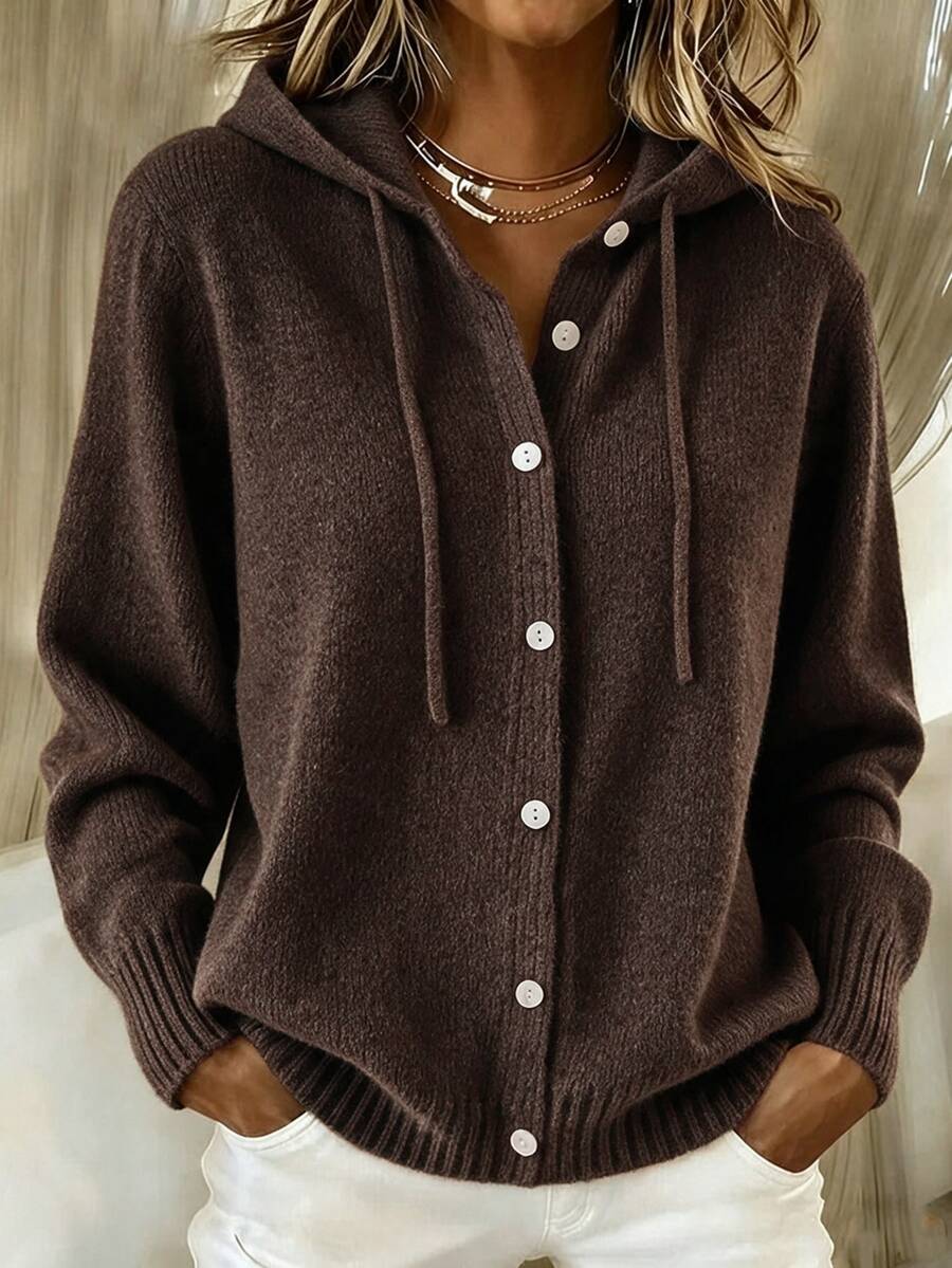 SHEIN Women Drawstring Hooded Knit Cardigan, Autumn Button Front Casual Sweater - Coffee Brown - View 1
