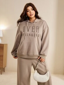 Edennvi Plus Size Women's English Letter Embroidered Ribbed Cuff Hoodie And Pants Khaki 2 Pieces Set, Suitable For Daily Home Wear - Khaki - View 5