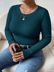 SHEIN LUNE CURVE Women's Minimalist Básica Casual Round Neck Ribbed Knit Long Sleeve Pullover Sweater, Fall/ Formal Office Teal Fall Winter - Blue - View 3