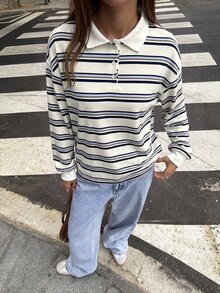 Aloruh 女款寬鬆條紋 Polo 領運動衫 - 杏色 - 查看 3