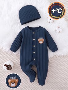 SHEIN 新生兒嬰兒貼花刺繡鈕扣連身衣與帽子套裝 - 寶藍色 - 查看 4