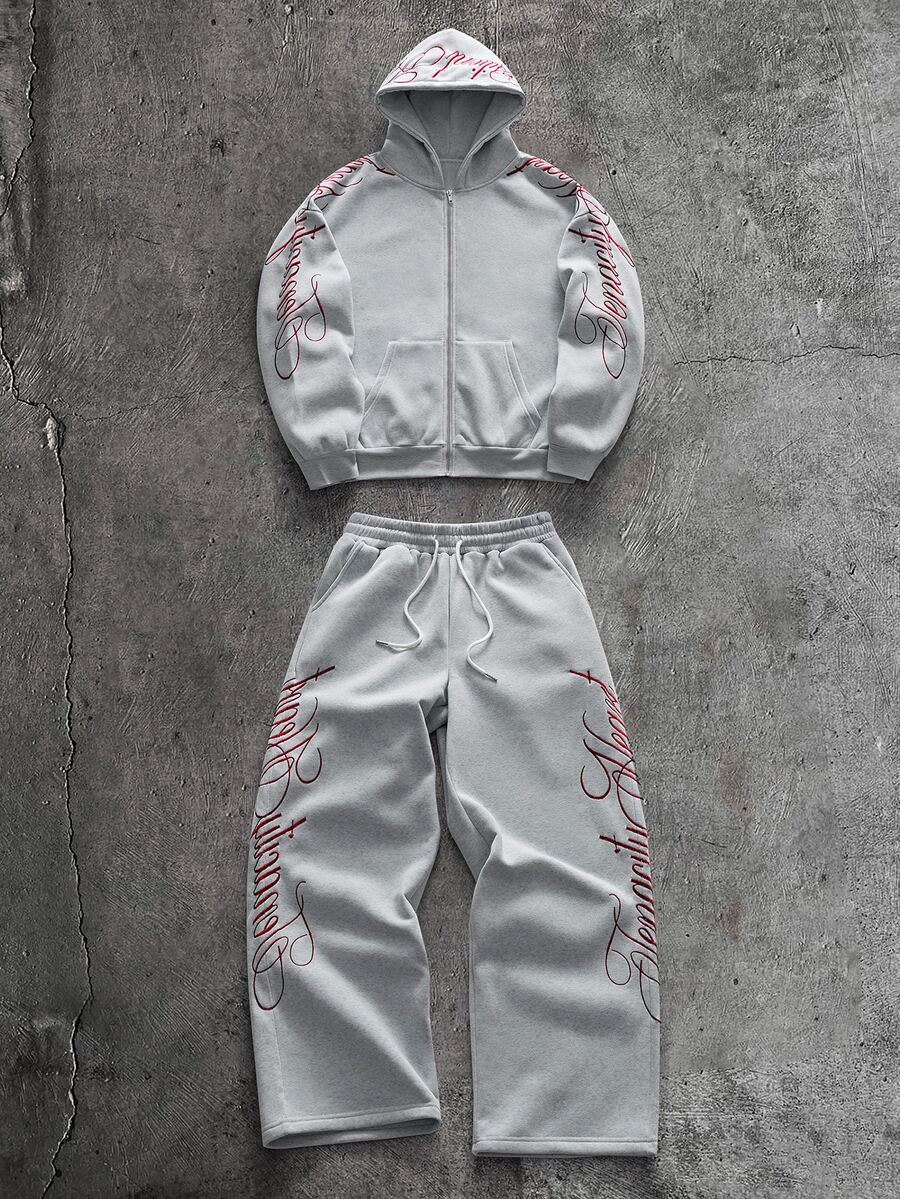 AXEPEAK Men's Letter Print Hoodie And Sweatpants 2 Pieces Set - Light Grey - View 1