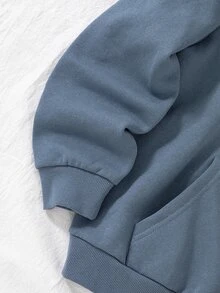 SHEIN 青少年男孩純色抓絨連帽衛衣，灰藍色長袖袋鼠口袋運動衫，字母貼布休閒運動風秋冬上衣 - 藍色 - 查看 5