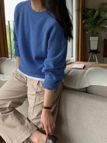 DAZY 女款素色落肩袖長袖休閒商務套頭毛衣，秋季長袖上衣，秋季女裝 - 藍色 - 查看 8
