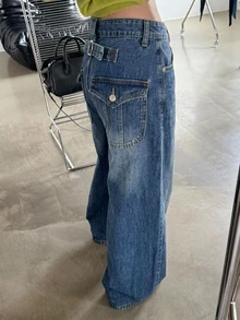 DAZY Contrast Stitch Loose Curved Leg Casual Streetwear Summer Women's Jeans - Dark Wash - View 6