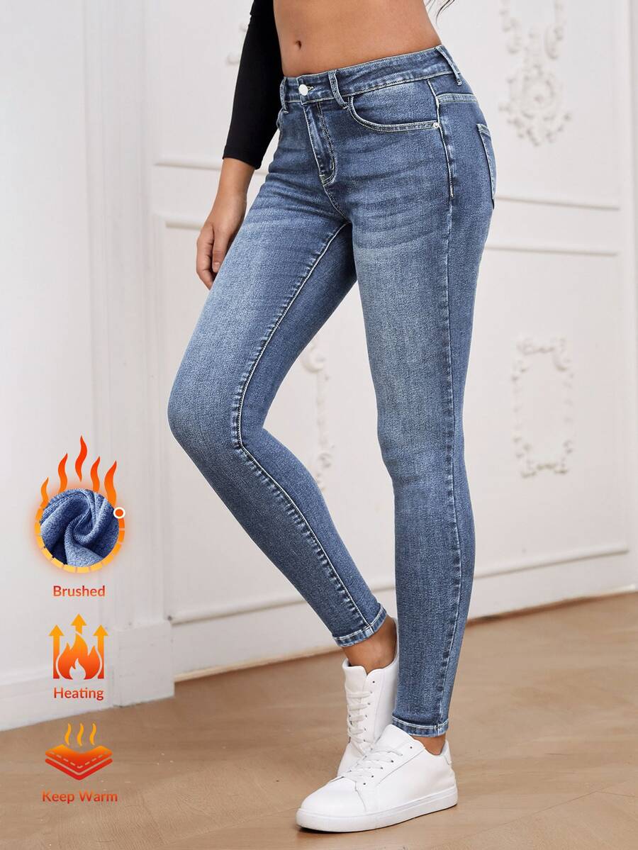 SHEIN Essnce 女款百搭辣妹風鈕扣口袋修身牛仔褲 - 藍色 - 查看 1