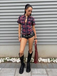 EgrlEra Vintage Hot Girl Plaid Pleated Patchwork Zipper Tie Waist Slim Fit Short Sleeve Blouse - Red and Black - View 5
