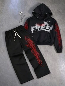 ROMWE MEN 2026 New Graphic Print Hoodie Sweatshirt Set, Thick Streetwear Style For Men, Autumn/Winter - Black - View 1