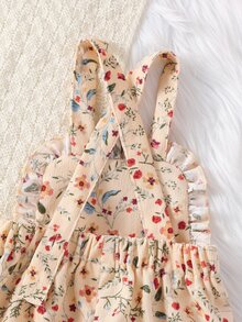 SHEIN Vintaside Kids 2件組幼女吊帶褲套裝，甜美酒紅米色花卉荷葉邊燈芯絨長袖圓領，生日秋季假期芭蕾舒適復古風 - 酒紅色 - 查看 11