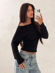 Aloruh 女款秋冬露肩修身花卉灰色長袖針織衫 - 黑色 - 查看 6