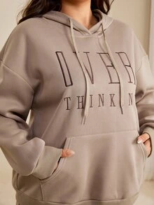 Edennvi Plus Size Women's English Letter Embroidered Ribbed Cuff Hoodie And Pants Khaki 2 Pieces Set, Suitable For Daily Home Wear - Khaki - View 3