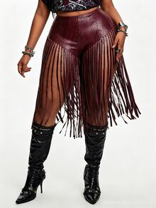 Maweii Plus Size Fashion Sexy Tassel Elastic Leather Shorts - Red - View 4