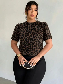 Firerie Casual Retro Leopard Print Fabric Plus Size Short Sleeve Shirt - Multicolor - View 5