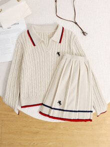 SHEIN 少女針織兩件套：可愛刺繡馬圖案格紋毛衣與針織迷你裙，包含長袖V領套頭衫，休閒優雅風，適合秋冬穿著 - 杏色 - 查看 5