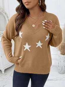 SHEIN LUNE Áo len chui đầu dệt jacquard phối màu tương phản phong cách tối giản mặc hàng ngày size lớn - Lạc đà - Xem 6