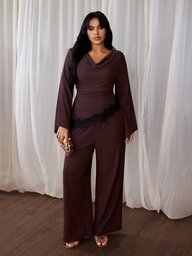 Rustia Casual Elegant Minimalist Home Wear 2 Pieces Set, Scoop Neck Long Sleeve Bell Sleeve Lace Patchwork Contrast Color Top T-Shirt + Wide Leg Loose Straight Pants, Floral Brown Coffee Color, Plus Size Women's 2 Pieces Set For Early Spring, Autumn, Winter