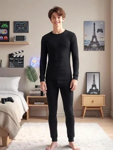 SHEIN 青少年男孩 2件組休閒加厚黑色修身長袖圓領褲裝家居服；底層內衣，適合秋冬、返校，舒適 - 黑色 - 查看 5