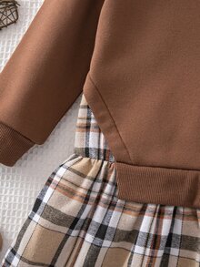 SHEIN Young Girl Casual Commuting School Style Plaid Hem 2 In 1 Sweatshirt Dress, Autumn/Spring - Brown - View 3