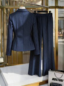 SHEIN Tall Spring New Blue Striped Elegant Commuter Style Waist-Cinching Flared Pants With Decorative Buckle And Pleated Design, 2 Pieces Set For Tall Women - Navy Blue - View 2