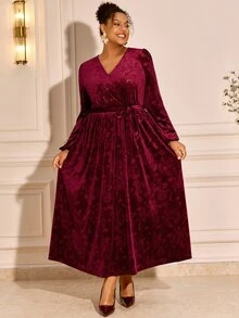 BrightlyHer Plus Size Women V-Neck Pleated Casual Daily Summer Dress - Burgundy - View 5