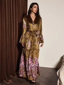 Slumberist Vintage Floral Print Velvet Long Sexy Women's Robe, V-Neck, Ruffle Bell Sleeves, Cinched Waist, Draped Patchwork Full Skirt - Brown - View 7