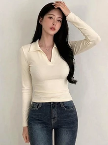 DAZY 女款純色長袖修身 Polo 領 T 恤 夏季 - 杏色 - 查看 3