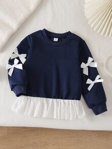 Fashionable Embroidered Ruffle Hem Printed Sweatshirt, Girls White Bow Decor Top, Autumn Baby Lace Ruffle Long Sleeve Sweet Children's Sweatshirt, Autumn/Winter Style - Navy Blue - View 6
