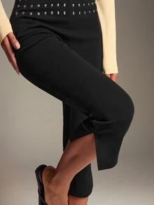 SHEIN BAE 女款休閒優雅通勤時尚側開衩中長褲、七分褲、外出褲、休閒褲、時尚褲、秋季褲、工作褲 - 黑色 - 查看 3