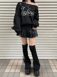 FRIFUL Women's Letter Print Eyelet Design Asymmetric Shoulder Long Sleeve Sweatshirt Hoodies Fall - Black - View 3
