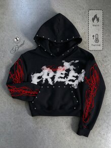 ROMWE MEN 2026 New Graphic Print Hoodie Sweatshirt Set, Thick Streetwear Style For Men, Autumn/Winter - Black - View 5