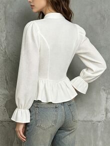 Lumivelle New Chinese Style National Wind Stand Collar Frog Button Petal Sleeve Ruffle Hem Waist-Cinching Short Textured Fabric Flare Cuff Solid Color Blouse - Apricot - View 3