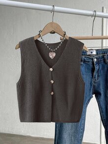 Franclia Plus Size Women Solid Color V-Neck Single-Breasted Casual Knit Vest - Dark Grey - View 1