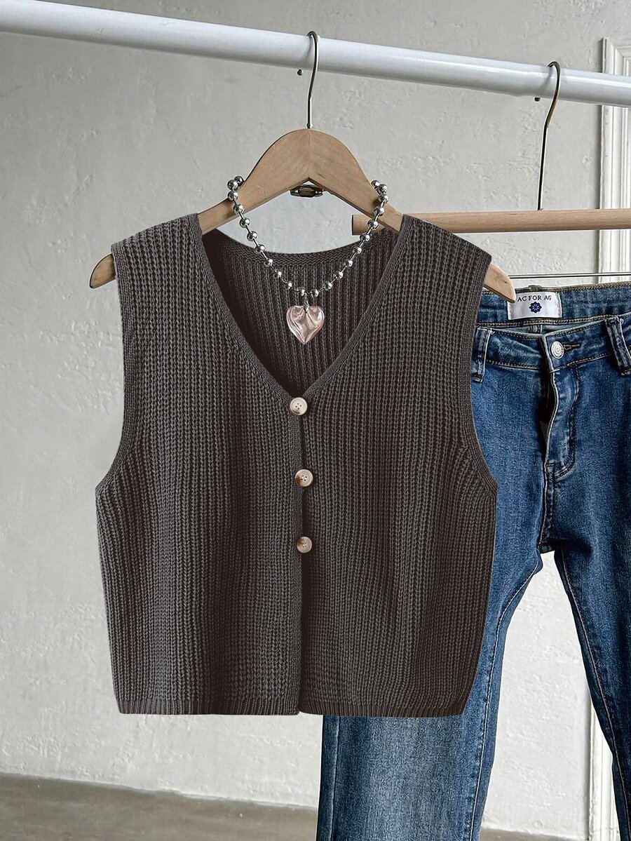 Franclia Plus Size Women Solid Color V-Neck Single-Breasted Casual Knit Vest - Dark Grey - View 1
