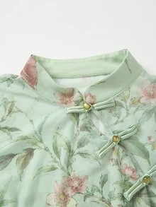 EastFlair Plus Size Women's Floral Print Frog Button Placket Long Sleeve Ruched Top - Multicolor - View 6