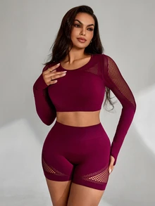 Slayform Setelan Olahraga Wanita Tanpa Jahitan Seksi Berbahan Jala, Atasan Lengan Panjang dan Celana Pendek Tanpa Punggung, Cocok untuk Lari, Olahraga, dan Yoga - Red Violet - View 5