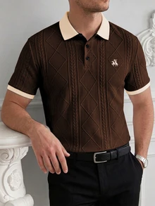 Calvornis 男士短袖 Polo 衫，提花針織鈕扣領，復古圖案商務休閒夏季高爾夫 Polo 衫，時尚休閒通勤日常穿著，正式 - 咖啡棕 - 查看 5