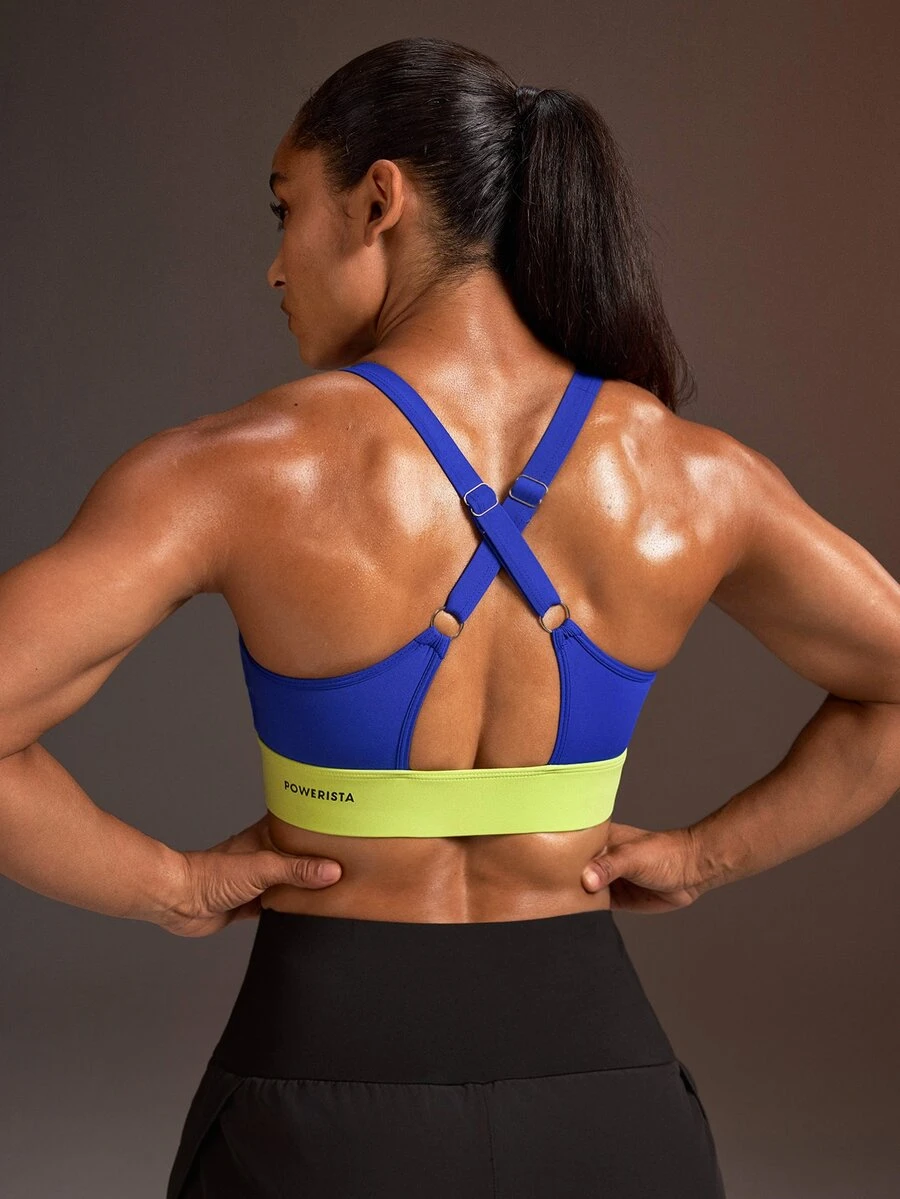 Powerista حمالة صدر رياضية كاجوال يومية بتصميم ألوان متباينة للنساء - الأزرق - مشاهدة 1