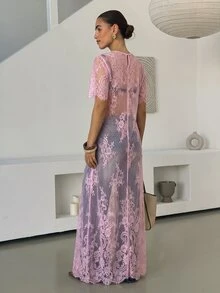 Lavishia 女款蕾絲刺繡透視洋裝拍照造型，黑色花卉，夏季優雅派對之夜女士俱樂部晚裝 - 粉色 - 查看 2